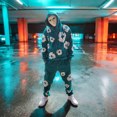 Floral Aqua 3D Puff Print Joggers Sets