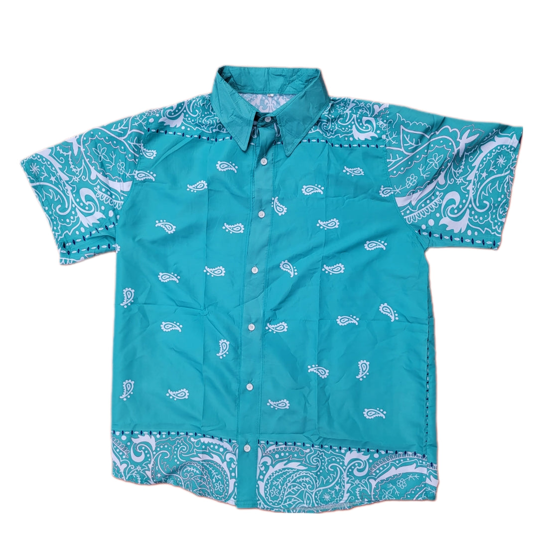Aqua Paisley Button Up Short Sleeve Shirt