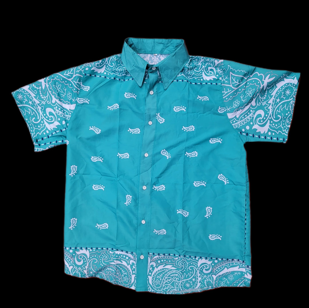 Aqua Paisley Button Up Short Sleeve Shirt