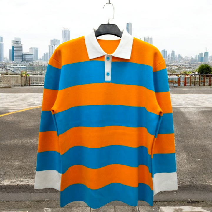 Long Sleeve Rugby Polo Sweatshirt – Aqua &amp; Orange Stripe Edition