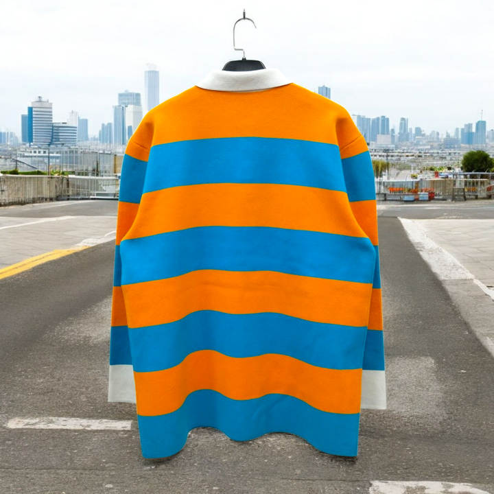 Long Sleeve Rugby Polo Sweatshirt – Aqua &amp; Orange Stripe Edition