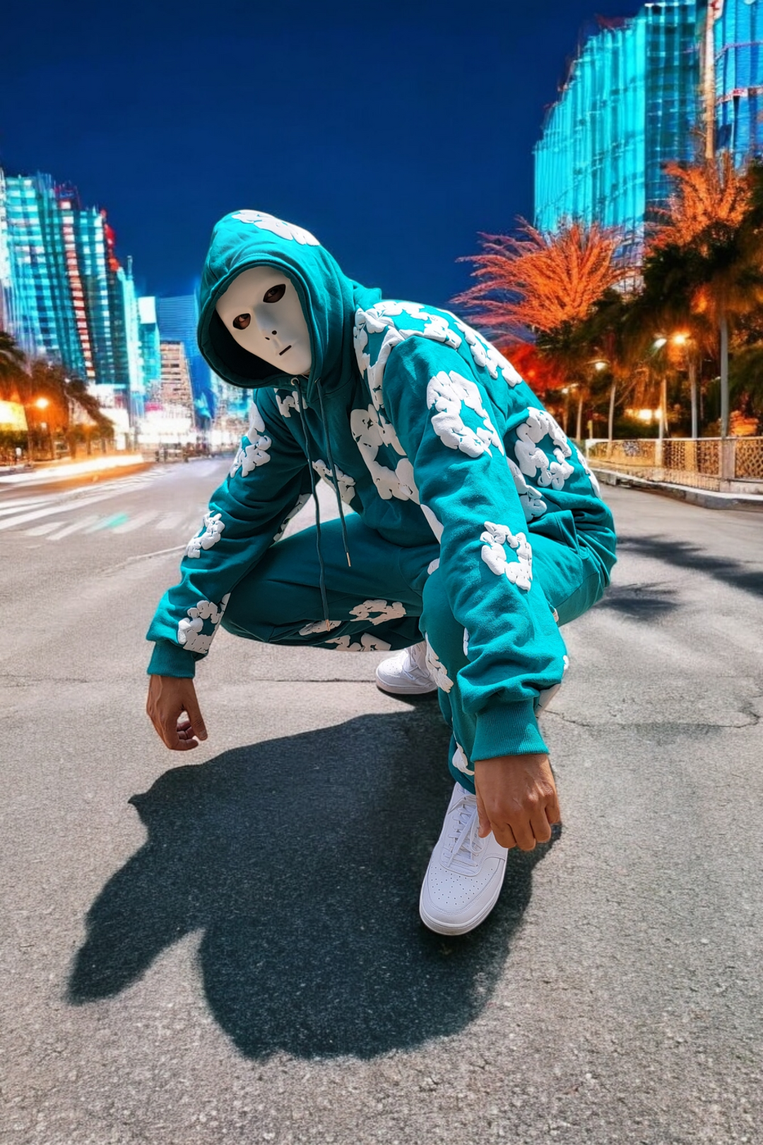 Floral Aqua 3D Puff Print Joggers Sets
