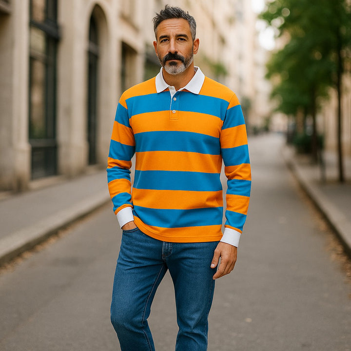 Long Sleeve Rugby Polo Sweatshirt – Aqua &amp; Orange Stripe Edition