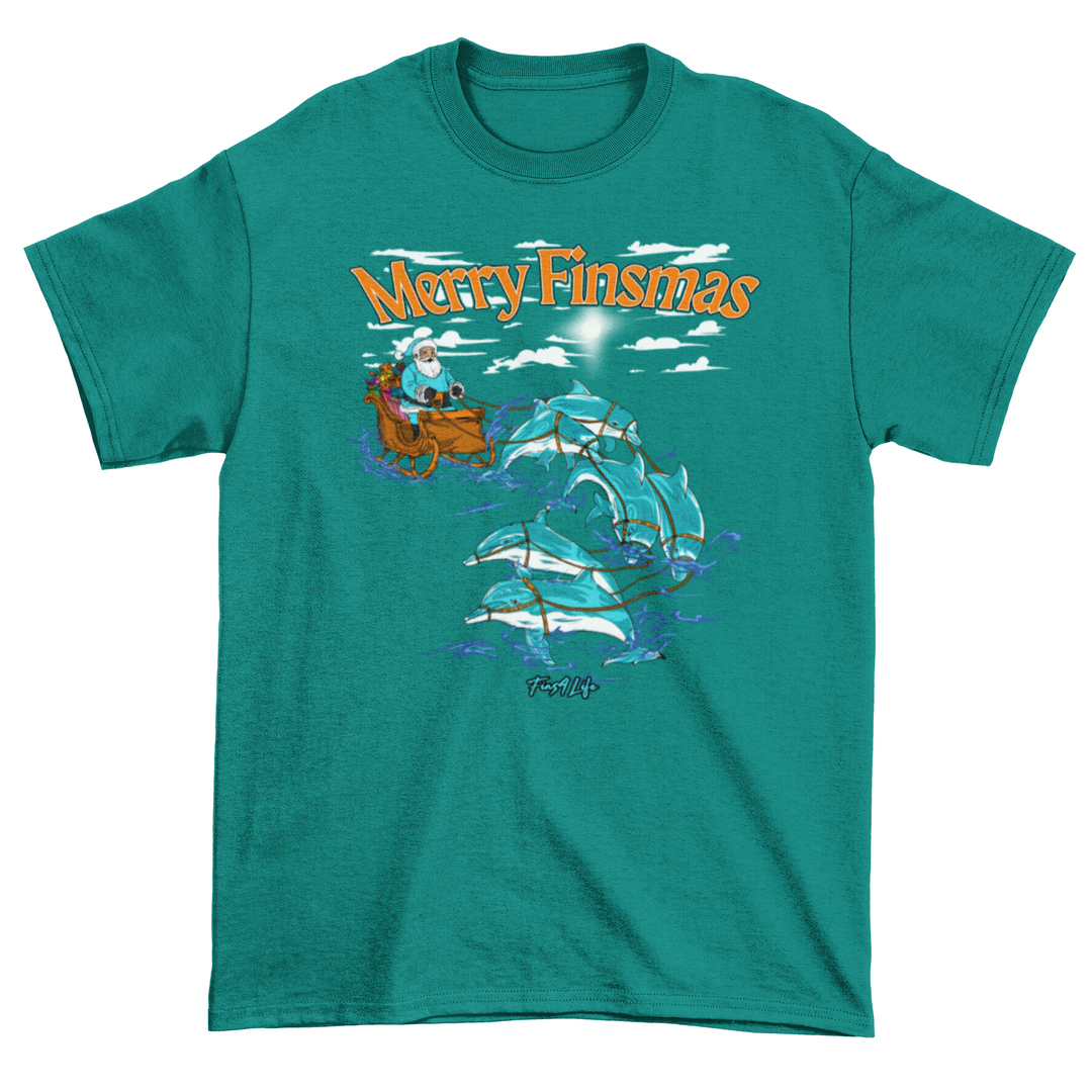 Merry Finsmas Aqua Outfit Santa Dolphin Christmas T-Shirt