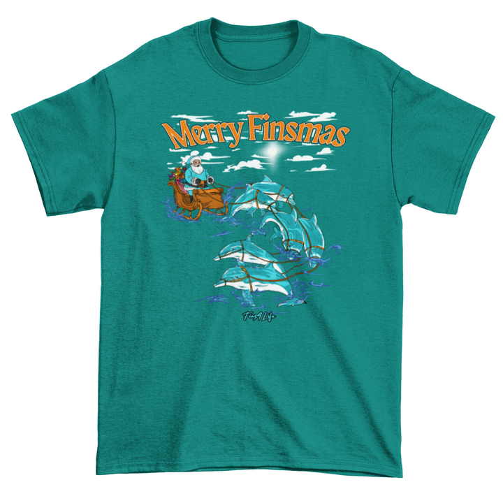 Merry Finsmas Aqua Outfit Santa Dolphin Christmas T-Shirt